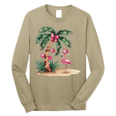 Flamingo Christmas In July Coquette Bow Palm Tree Summer Long Sleeve Shirt