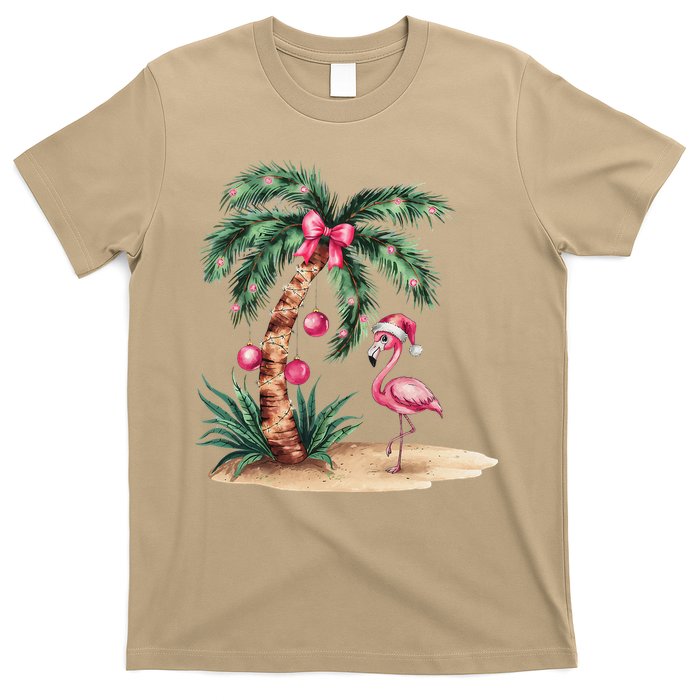 Flamingo Christmas In July Coquette Bow Palm Tree Summer T-Shirt
