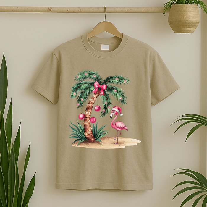 Flamingo Christmas In July Coquette Bow Palm Tree Summer T-Shirt