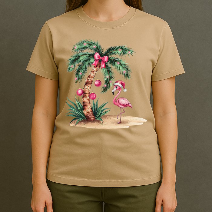 Flamingo Christmas In July Coquette Bow Palm Tree Summer T-Shirt