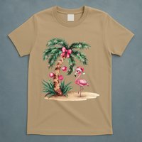 Flamingo Christmas In July Coquette Bow Palm Tree Summer T-Shirt