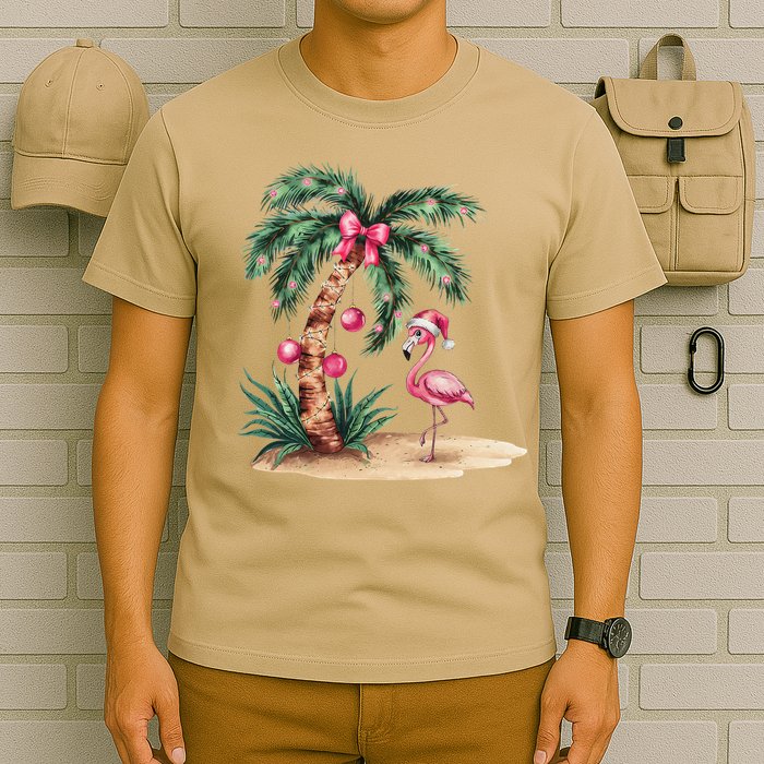 Flamingo Christmas In July Coquette Bow Palm Tree Summer T-Shirt