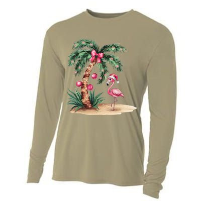 Flamingo Christmas In July Coquette Bow Palm Tree Summer Cooling Performance Long Sleeve Crew