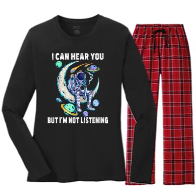 Funny Cat I Can Hear You But Im Listening Astronut Women's Long Sleeve Flannel Pajama Set 