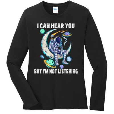 Funny Cat I Can Hear You But Im Listening Astronut Ladies Long Sleeve Shirt