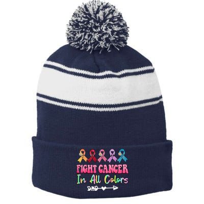 Fight Cancer In All Color Feather Breast Cancer Awareness Stripe Pom Pom Beanie