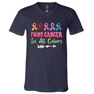 Fight Cancer In All Color Feather Breast Cancer Awareness V-Neck T-Shirt