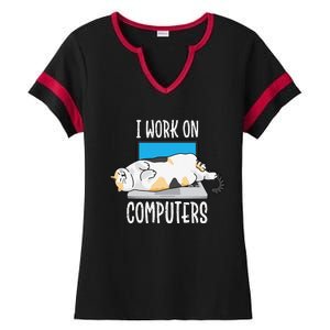 Funny Cat I Work On Computers Cat Tee Cat Lover Ladies Halftime Notch Neck Tee