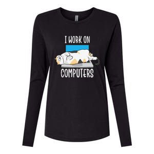 Funny Cat I Work On Computers Cat Tee Cat Lover Womens Cotton Relaxed Long Sleeve T-Shirt