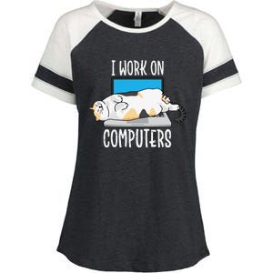 Funny Cat I Work On Computers Cat Tee Cat Lover Enza Ladies Jersey Colorblock Tee