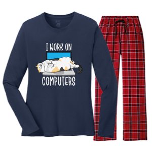 Funny Cat I Work On Computers Cat Tee Cat Lover Women's Long Sleeve Flannel Pajama Set 