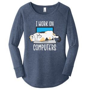 Funny Cat I Work On Computers Cat Tee Cat Lover Women's Perfect Tri Tunic Long Sleeve Shirt