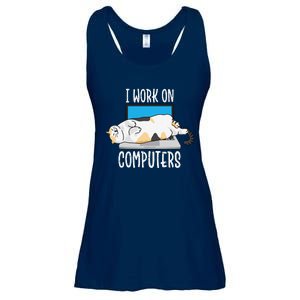 Funny Cat I Work On Computers Cat Tee Cat Lover Ladies Essential Flowy Tank