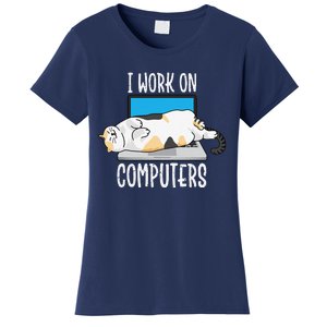 Funny Cat I Work On Computers Cat Tee Cat Lover Women's T-Shirt