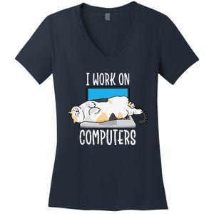 Funny Cat I Work On Computers Cat Tee Cat Lover Women's V-Neck T-Shirt