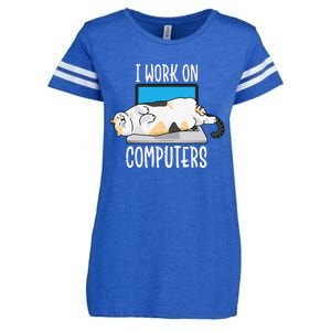 Funny Cat I Work On Computers Cat Tee Cat Lover Enza Ladies Jersey Football T-Shirt