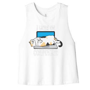 Funny Cat I Work On Computers Cat Tee Cat Lover Women's Racerback Cropped Tank