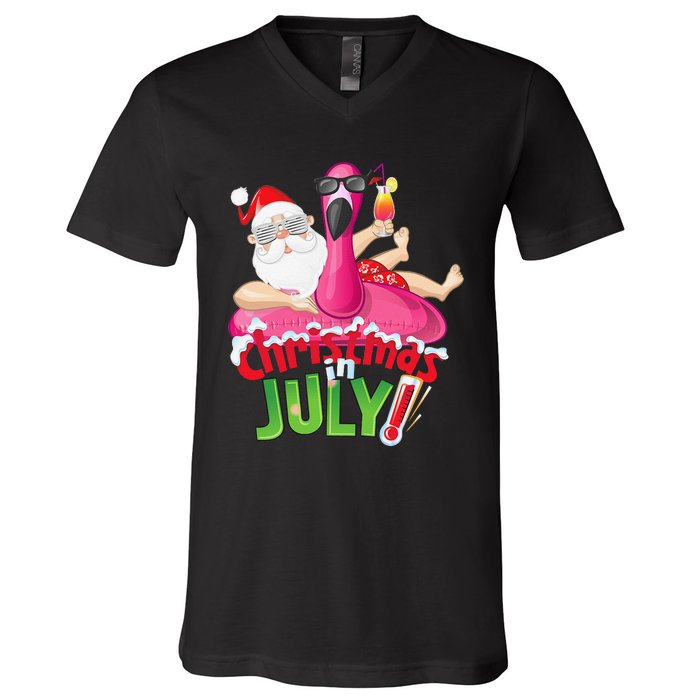 Funny Christmas in July Summer Flamingo Float Xmas V-Neck T-Shirt