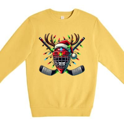 Funny Christmas Ice Hockey Santa Hat Lights Reindeer Xmas Funny Gift Premium Crewneck Sweatshirt