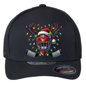 Funny Christmas Ice Hockey Santa Hat Lights Reindeer Xmas Funny Gift Flexfit Unipanel Trucker Cap