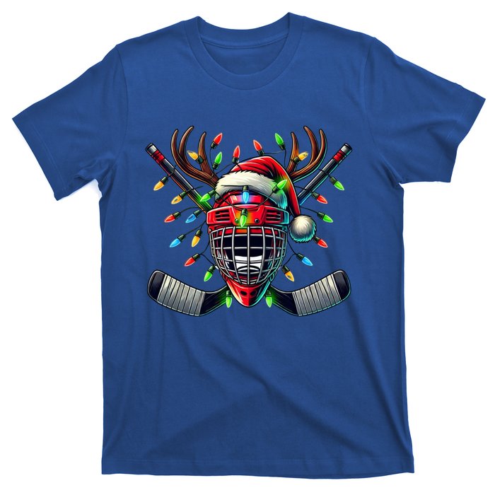 Funny Christmas Ice Hockey Santa Hat Lights Reindeer Xmas Funny Gift T-Shirt