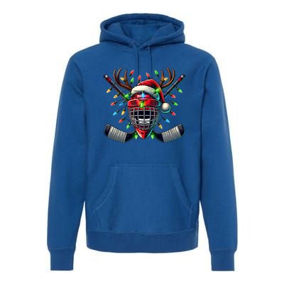 Funny Christmas Ice Hockey Santa Hat Lights Reindeer Xmas Funny Gift Premium Hoodie