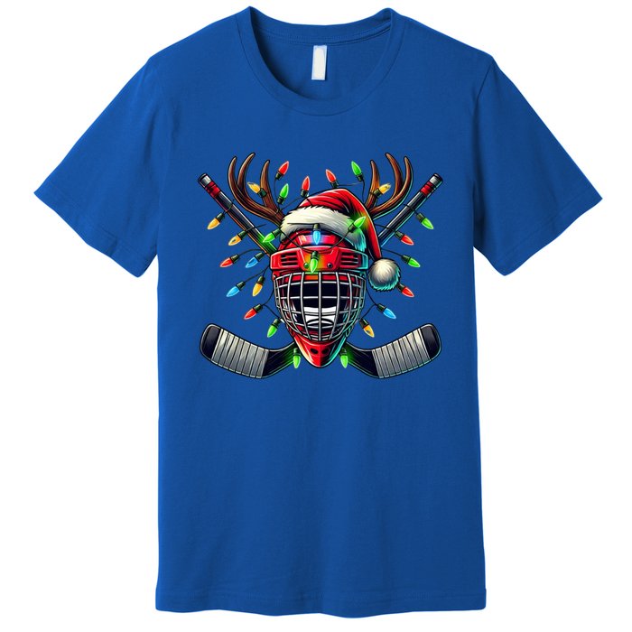 Funny Christmas Ice Hockey Santa Hat Lights Reindeer Xmas Funny Gift Premium T-Shirt