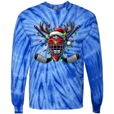 Funny Christmas Ice Hockey Santa Hat Lights Reindeer Xmas Funny Gift Tie-Dye Long Sleeve Shirt