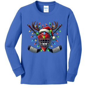 Funny Christmas Ice Hockey Santa Hat Lights Reindeer Xmas Funny Gift Kids Long Sleeve Shirt