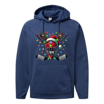 Funny Christmas Ice Hockey Santa Hat Lights Reindeer Xmas Funny Gift Performance Fleece Hoodie