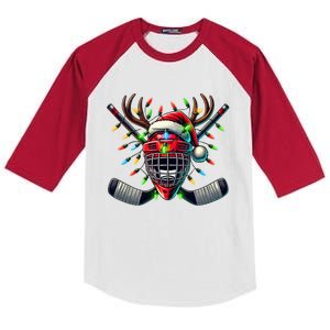 Funny Christmas Ice Hockey Santa Hat Lights Reindeer Xmas Funny Gift Kids Colorblock Raglan Jersey