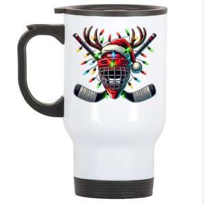 Funny Christmas Ice Hockey Santa Hat Lights Reindeer Xmas Funny Gift Stainless Steel Travel Mug