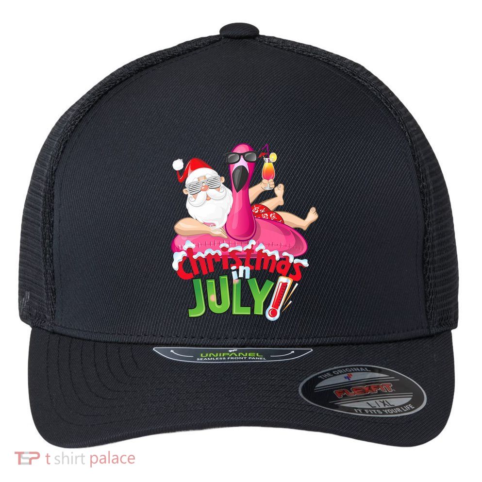 Funny Christmas In July Summer Flamingo Float Xmas Flexfit Unipanel Trucker Cap