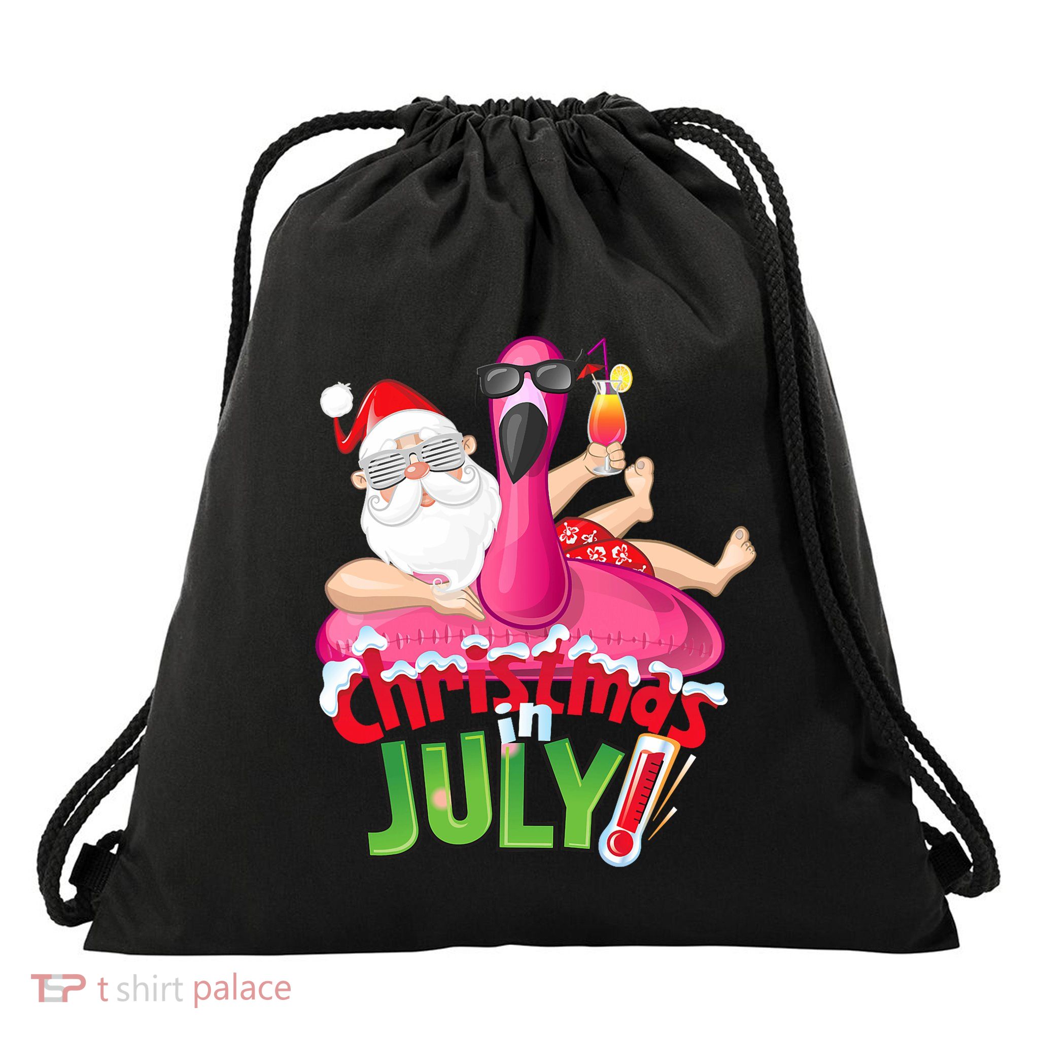 Funny Christmas In July Summer Flamingo Float Xmas Drawstring Bag