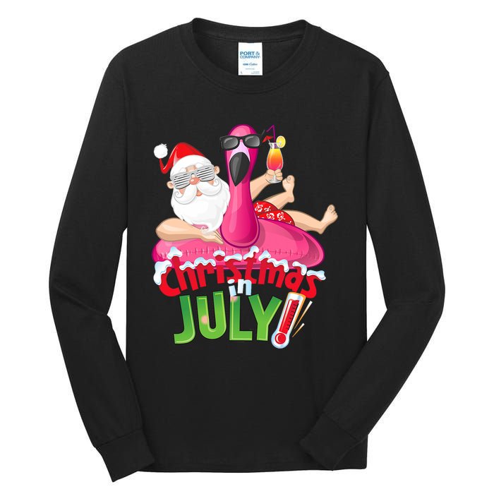 Funny Christmas In July Summer Flamingo Float Xmas Tall Long Sleeve T-Shirt