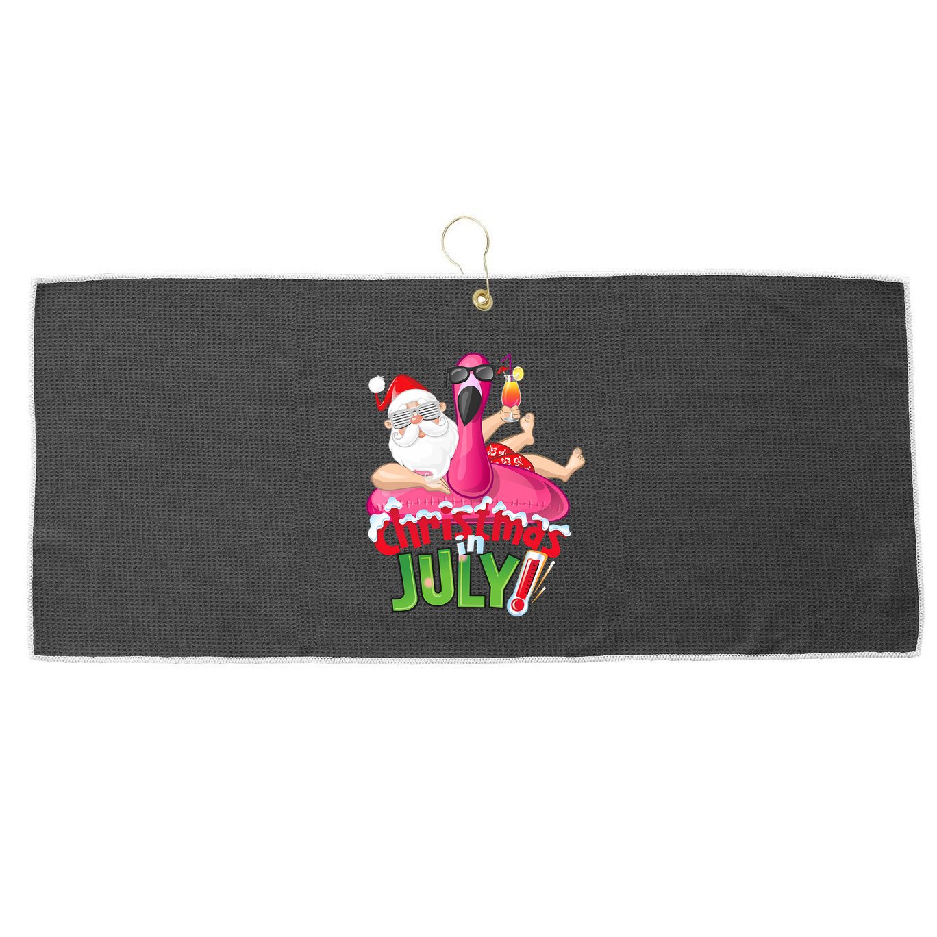 Funny Christmas In July Summer Flamingo Float Xmas Large Microfiber Waffle Golf Towel