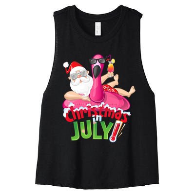 Funny Christmas In July Summer Flamingo Float Xmas Women's Racerback Cropped Tank