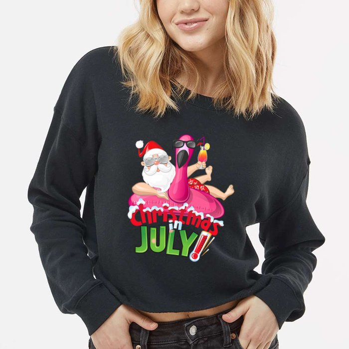 Funny Christmas In July Summer Flamingo Float Xmas Cropped Pullover Crew