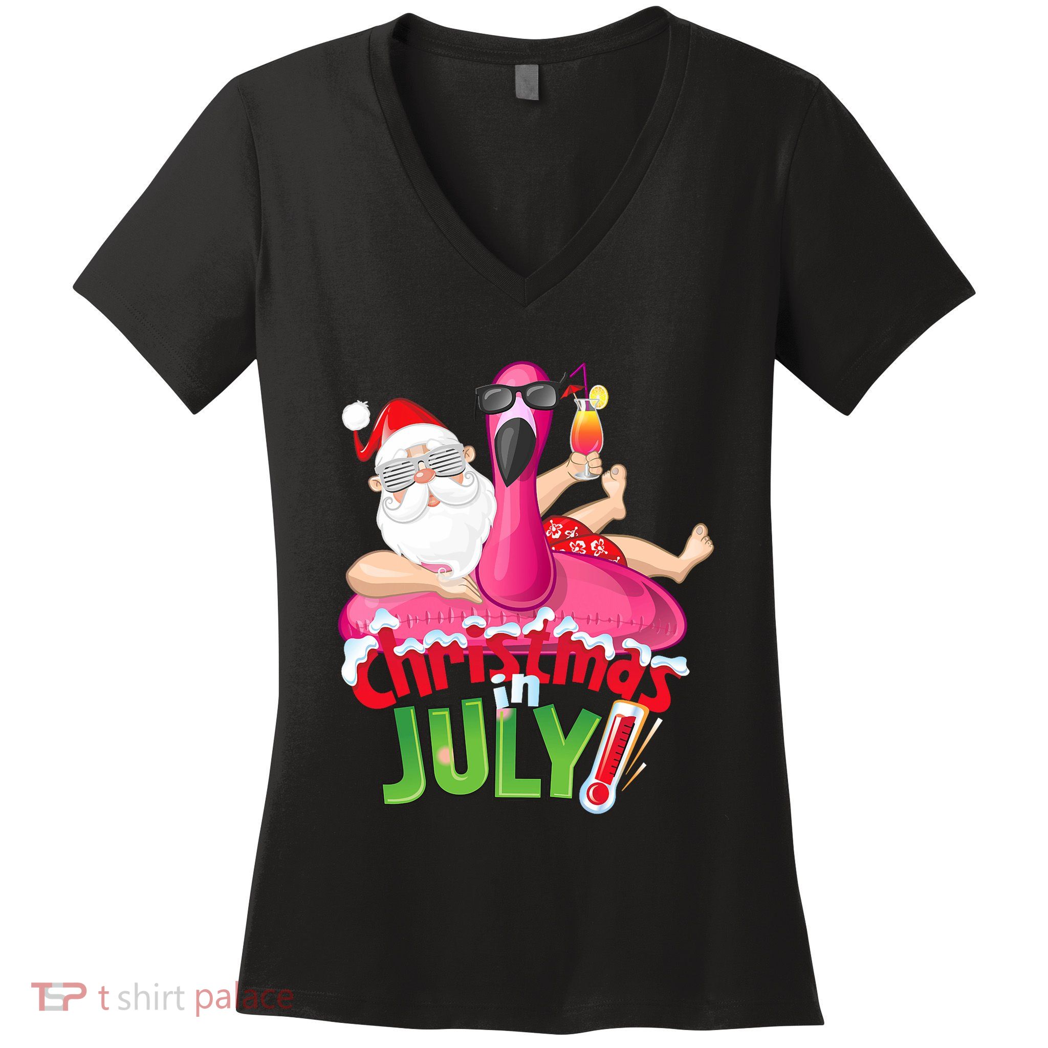 Funny Christmas In July Summer Flamingo Float Xmas Women's V-Neck T-Shirt