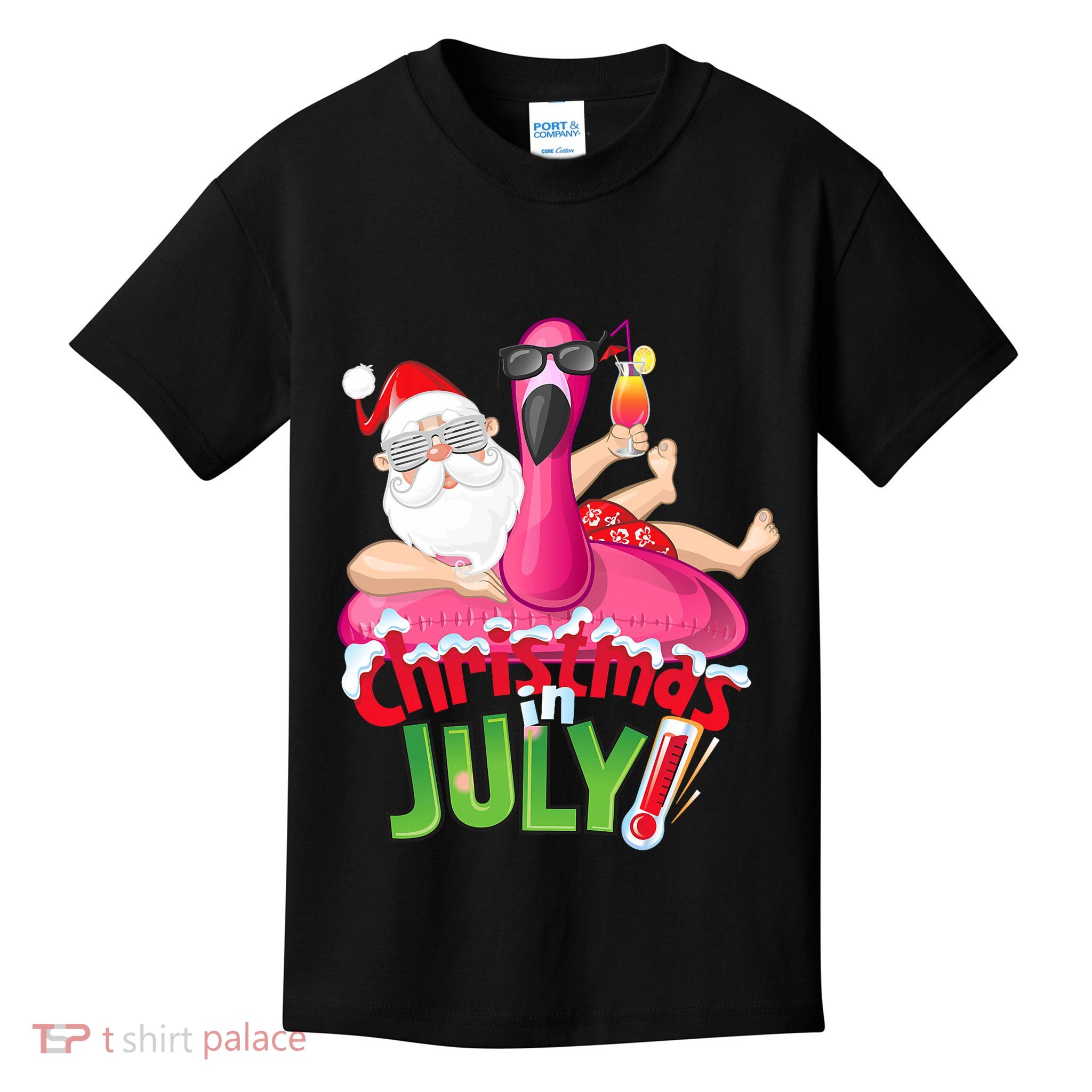 Funny Christmas In July Summer Flamingo Float Xmas Kids T-Shirt