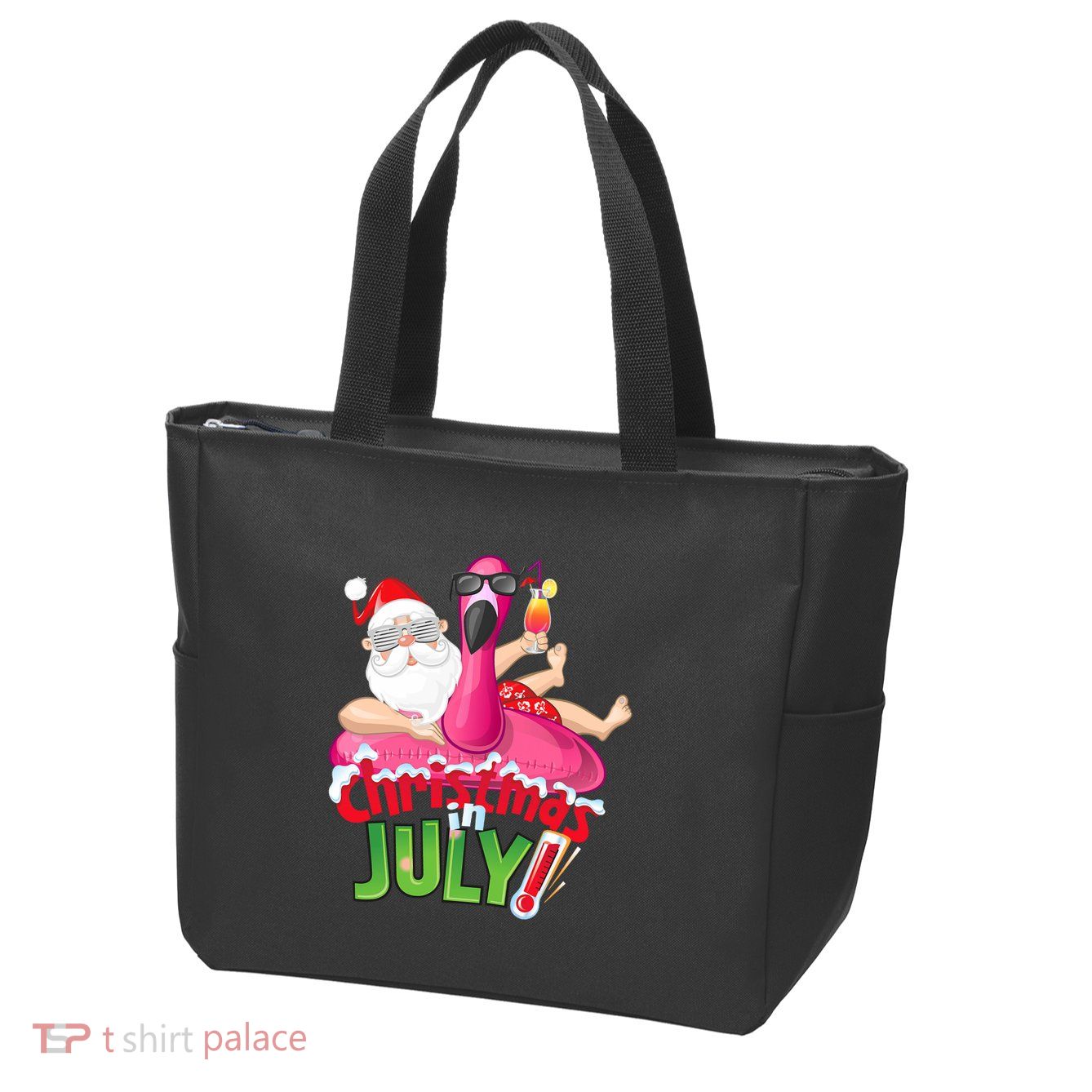 Funny Christmas In July Summer Flamingo Float Xmas Zip Tote Bag