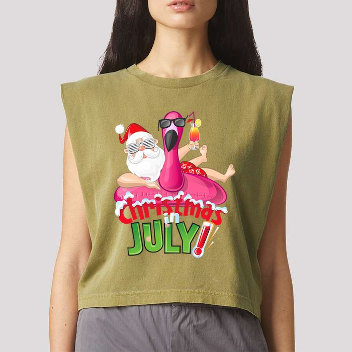 Funny Christmas In July Summer Flamingo Float Xmas Garment-Dyed Women's Muscle Tee