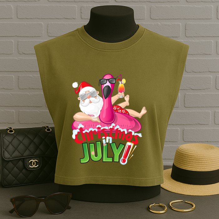 Funny Christmas In July Summer Flamingo Float Xmas Garment-Dyed Women's Muscle Tee