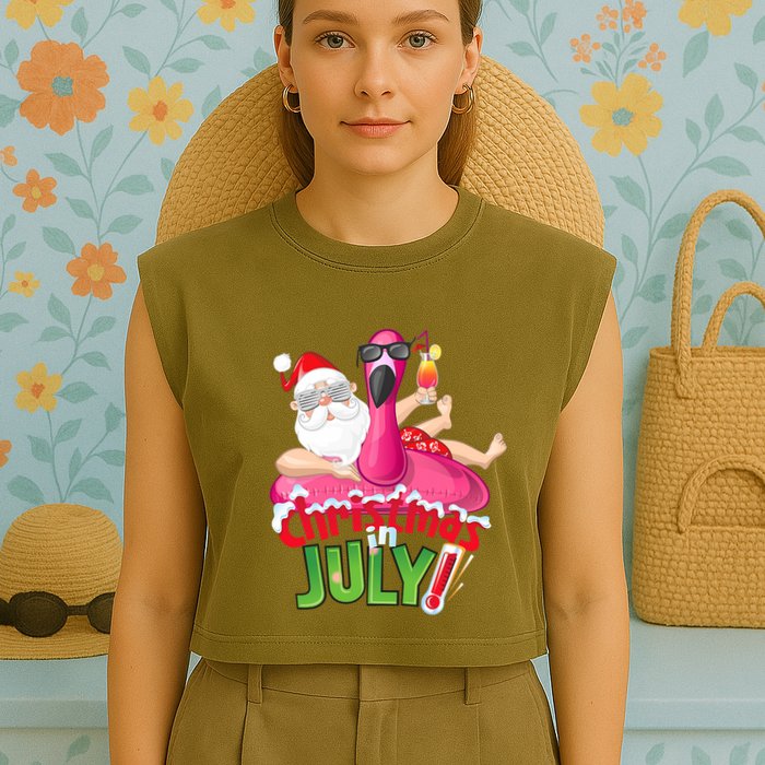 Funny Christmas In July Summer Flamingo Float Xmas Garment-Dyed Women's Muscle Tee