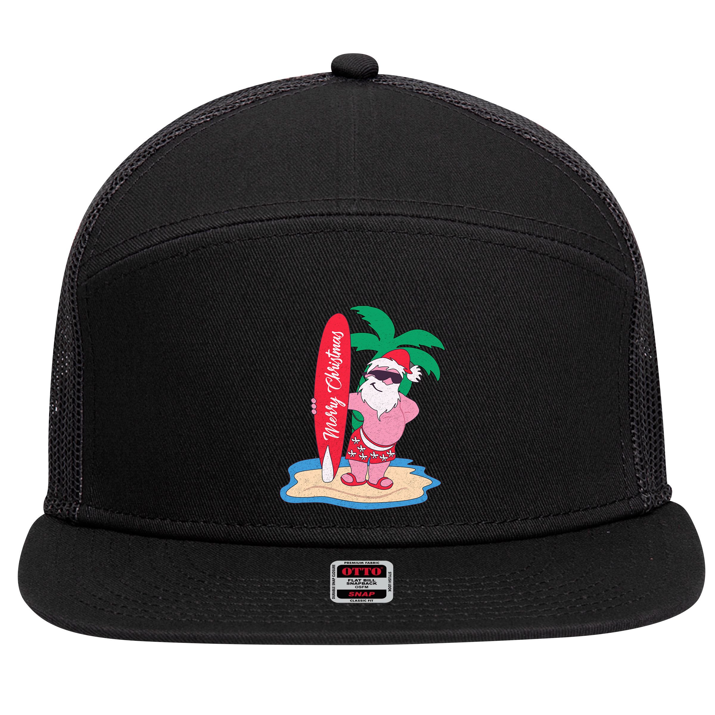 Funny Christmas In July Santa Claus Surfing On The Beach 7 Panel Mesh Trucker Snapback Hat