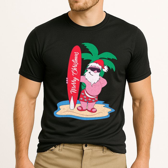 Funny Christmas In July Santa Claus Surfing On The Beach Cooling Performance Crew T-Shirt
