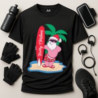 Funny Christmas In July Santa Claus Surfing On The Beach Cooling Performance Crew T-Shirt