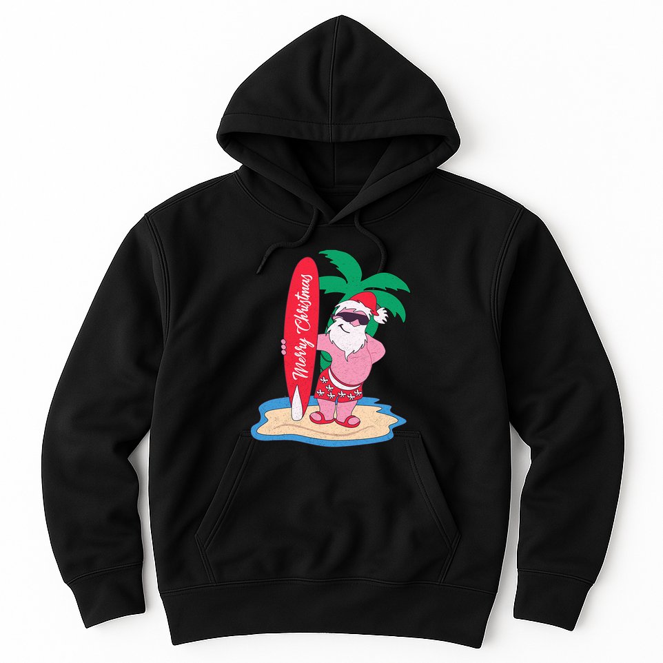 Funny Christmas In July Santa Claus Surfing On The Beach Hoodie
