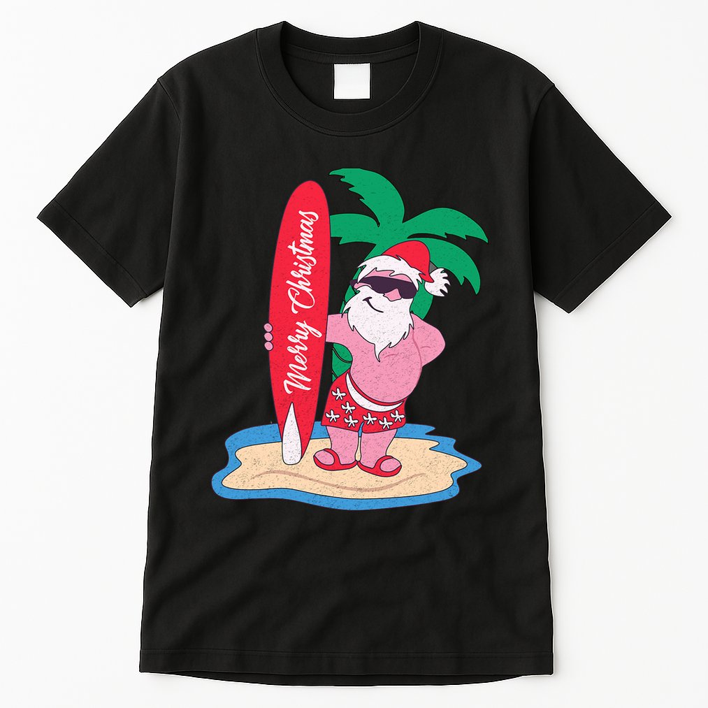 Funny Christmas In July Santa Claus Surfing On The Beach Tall T-Shirt