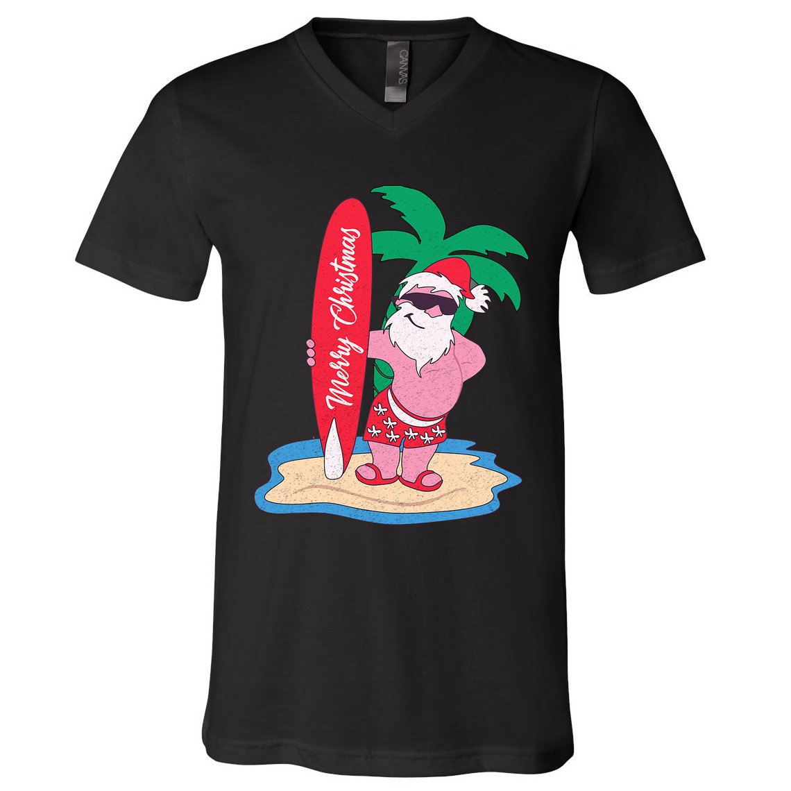 Funny Christmas In July Santa Claus Surfing On The Beach V-Neck T-Shirt